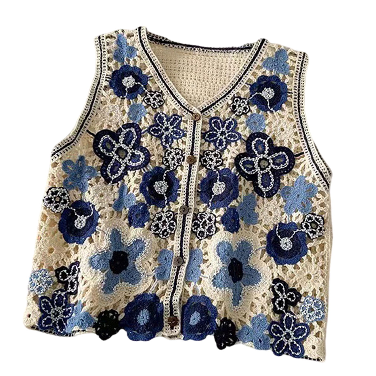 Sorrowso Women Hollow Crochet Knit Vest Waistcoat Beaded