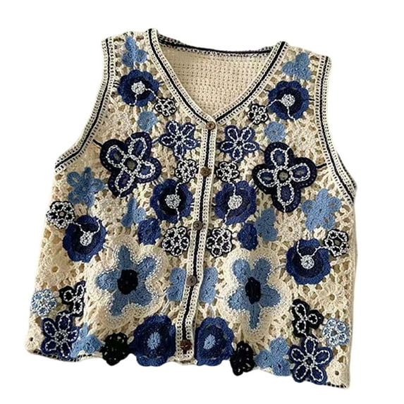Sorrowso Women Hollow Crochet Knit Vest Waistcoat Beaded Embroidery Colorful Floral Sleeveless Cardigan Jacket Button Crop Top