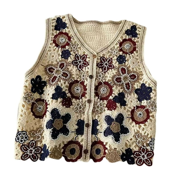 Sorrowso Women Hollow Crochet Knit Vest Waistcoat Beaded Embroidery Colorful Floral Sleeveless Cardigan Jacket Button Crop Top