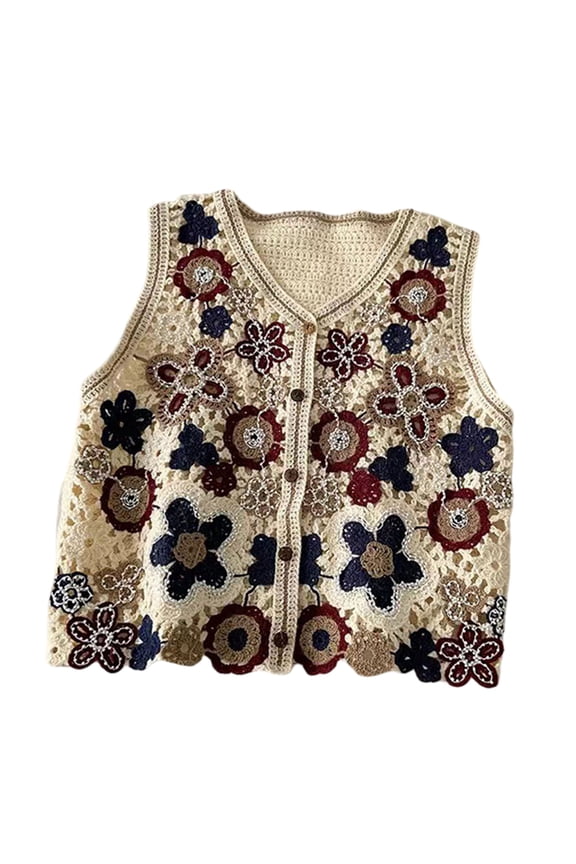 Women Hollow Crochet Knit Vest Waistcoat Beaded Embroidery Colorful Floral Sleeveless Cardigan Jacket Button Crop Top