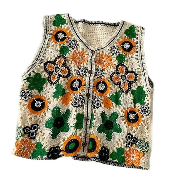 Sorrowso Women Hollow Crochet Knit Vest Waistcoat Beaded Embroidery Colorful Floral Sleeveless Cardigan Jacket Button Crop Top