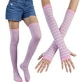 thumbnail image 1 of Sorrowso Women Multicolored Striped Thigh High Socks Arm Warmers Set Winter Party Knitted Over Knee Stockings Fingerless Gloves, 1 of 14