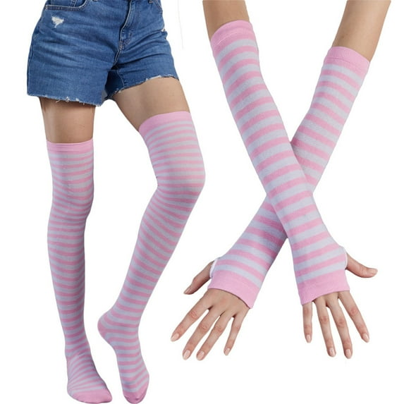 Sorrowso Women Multicolored Striped Thigh High Socks Arm Warmers Set Winter Party Knitted Over Knee Stockings Fingerless Gloves