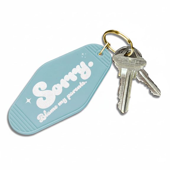 Sorry, Blame My Parents | Funny Blue Retro Motel Keychain