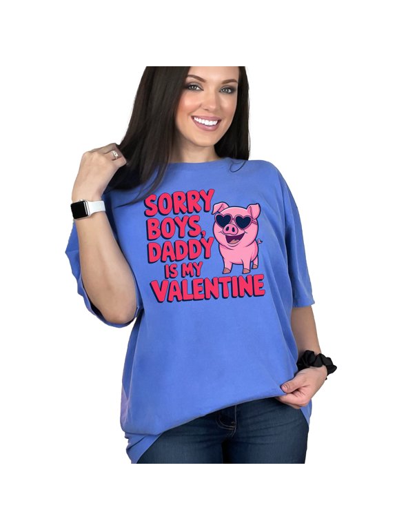 Sorry Boys Daddy Is My Valentine Shirt, Cute Pig Heart Sunglasses Tee, Valentines Day Gift, Funny Love T-Shirt, Mens Womens Kids, Flo Blue Comfort Colors T-Shirt, Large