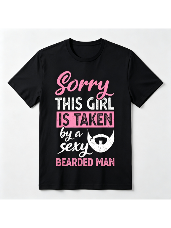 Sorry This Girl Is Taken By A Sexy Bearded Man Funny Couple Graphic Tee for Men Women, Romantic Humor Short Sleeve T-Shirt, Casual Crew Neck Top for Couple Gift