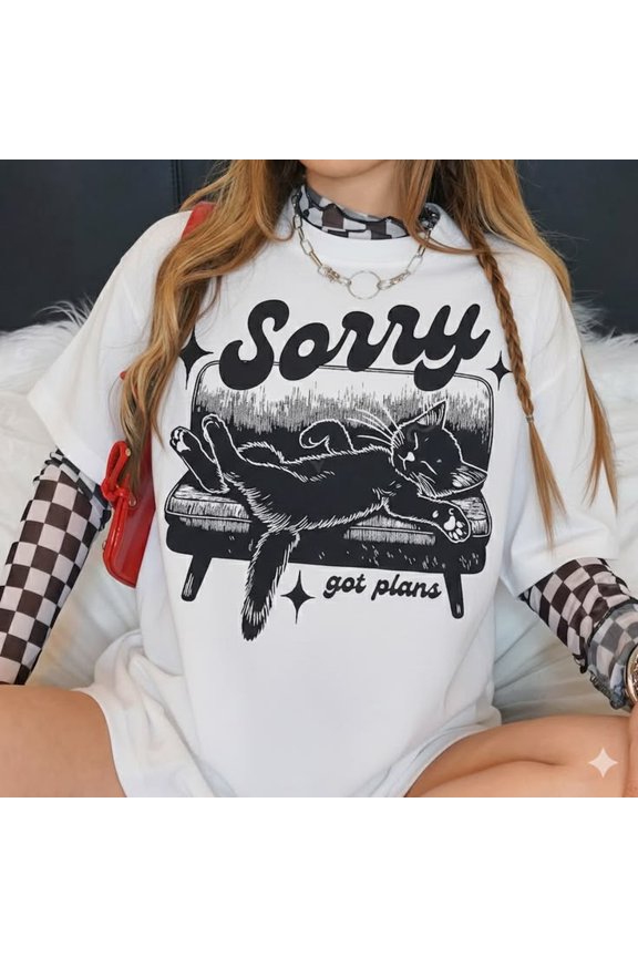 Sorry Got Plans Cat Graphic T-Shirt, Vintage Aesthetic Kitty Art Introvert Quote Statement Tee Unisex Cotton T-Shirt, Size S-5XL