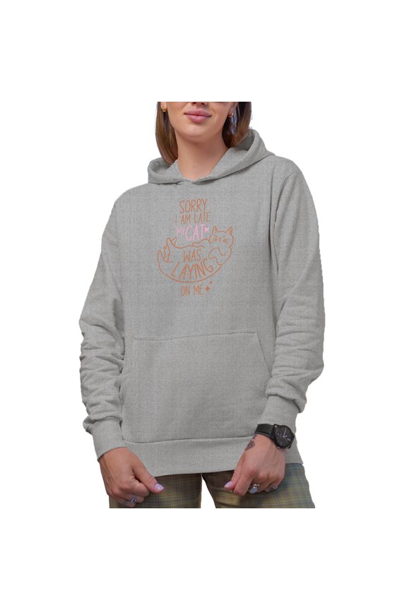 Sorry I Am Late My Cat Was Laying on Me with Cute Cat Drawing Art Merch Gift, Heather Grey Hooded Sweatshirt or Hoodie, Medium