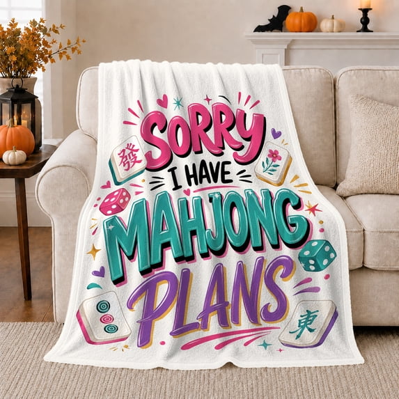 Sorry I Have Mahjong Plans Pink Teal Purple, Cozy Friendship Quote Scene, Warm Flannel Blanket for Living Room and Reading Nook, Art Lovers Friendship Gift, Artistic Home Decor