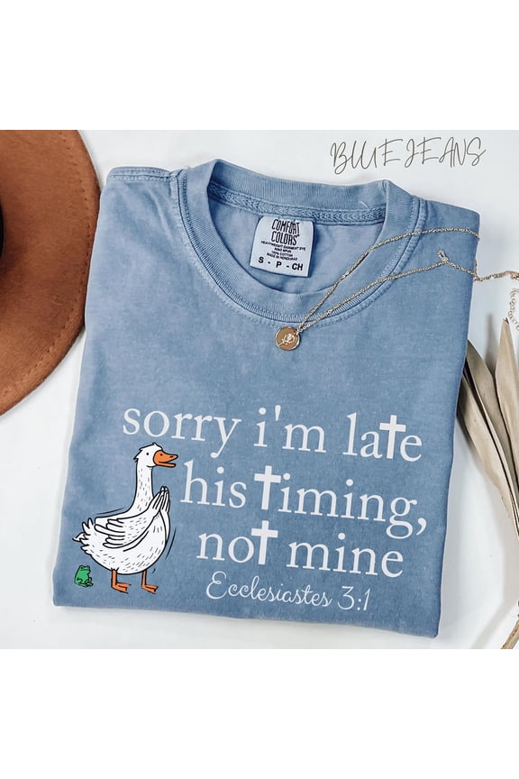"Sorry I'm Late His Timing Not Mine" T-Shirt – Humorous Faith-Based Tee with Goose Graphic & Ecclesiastes 3:1 Scripture