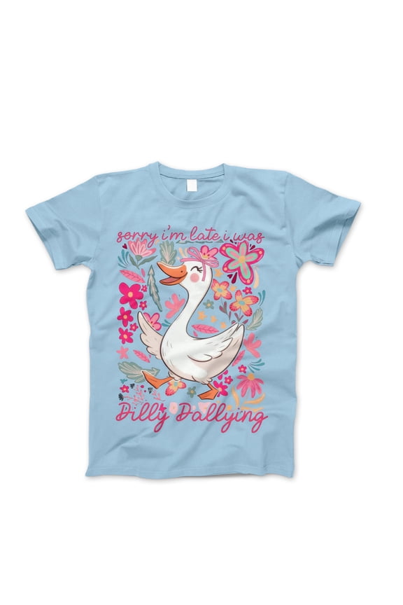 Sorry I'm Late I Was Dilly Dallying Goose Graphic T-Shirt for Women - Cute Cottagecore Floral Design with Butterflies, Funny Tee for Spring Fashion