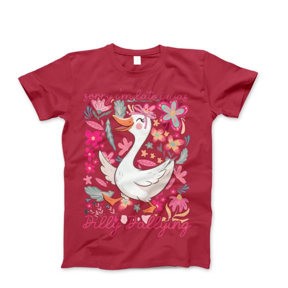 Sorry I'm Late I Was Dilly Dallying Goose Graphic T-Shirt for Women - Cute Cottagecore Floral Design with Butterflies, Funny Tee for Spring Fashion