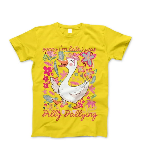 Sorry I'm Late I Was Dilly Dallying Goose Graphic T-Shirt for Women - Cute Cottagecore Floral Design with Butterflies, Funny Tee for Spring Fashion