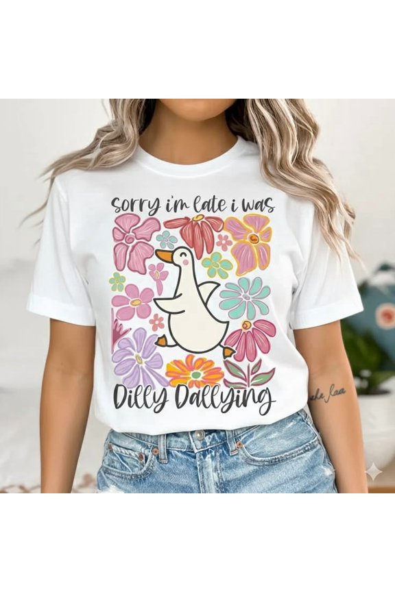 Sorry I'm Late I Was Dilly Dallying Goose Shirt, Floral Retro Boho Graphic Tee Unisex Cotton T-Shirt, Size S-5XL