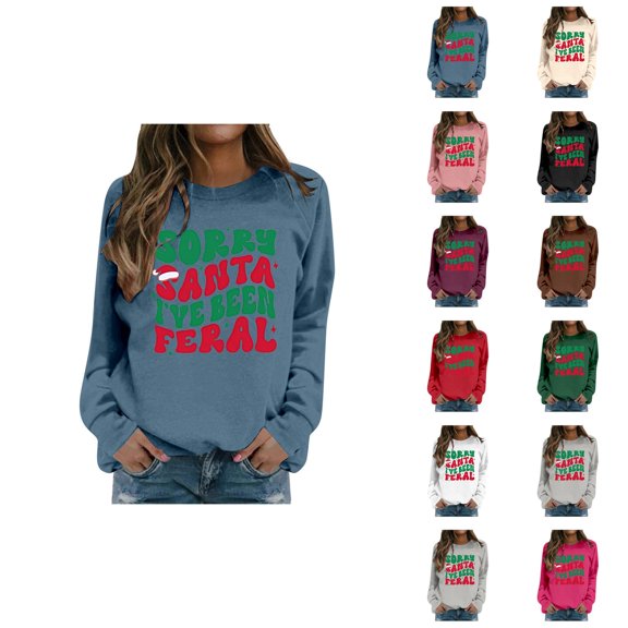 Sorry Santa I've Been Feral Funny Christmas Sweatshirts for Women Long Sleeve Crewneck Holiday Sweatshirt Pullover Tops