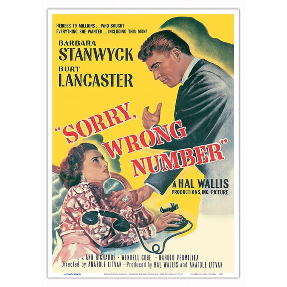Sorry Wrong Number - Starring Barbara Stanwyck Burt Lancaster - Vintage Film Noir Movie Poster c.1948 - Master Art Print 10in x 14in