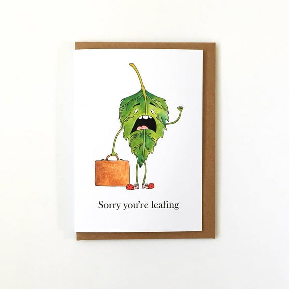 Sorry You're Leaving Card – Funny Leaf Character with Suitcase – Perfect for Farewell Greetings, Blank Inside, Envelope Included
