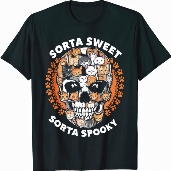 Sorta Sweet Sorta Spooky Cat Face Skull T-Shirt