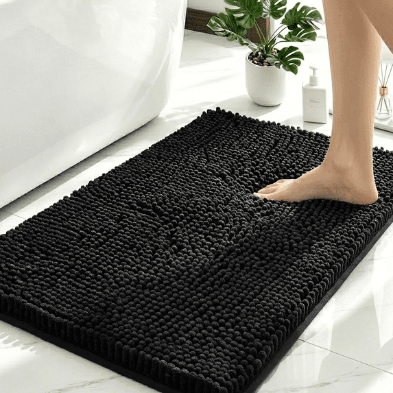 Sortora Chenille Bathroom Rug, Black Fluffy Bath Mat, 1.1" High Pile Bath Rug, Non Slip TPR Backing, Extra Thick Absorbent Bathroom Floor Mat, 20"x32"