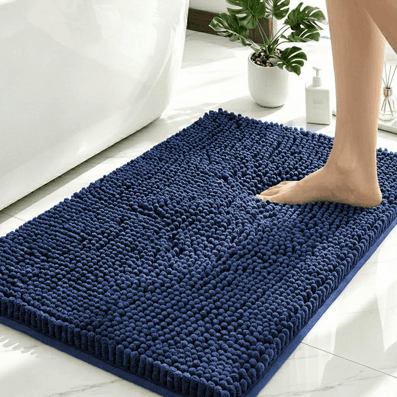 Sortora Chenille Bathroom Rug, Blue Fluffy Bath Mat, 1.1" High Pile Bath Rug, Non Slip TPR Backing, Extra Thick Absorbent Bathroom Floor Mat, 16"*24"