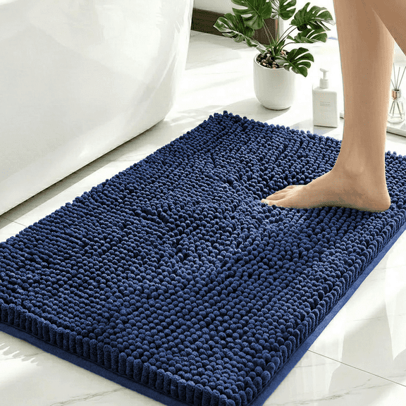 Sortora Chenille Bathroom Rug, Blue Fluffy Bath Mat, 1.1" High Pile Bath Rug, Non Slip TPR Backing, Extra Thick Absorbent Bathroom Floor Mat, 16"*24"