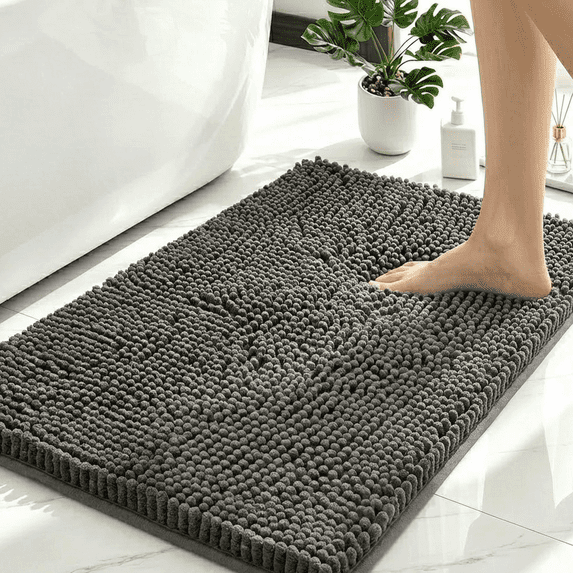 Sortora Chenille Bathroom Rug, Dark Gray Fluffy Bath Mat, 1.1" High Pile, Non Slip TPR Backing, Extra Thick Absorbent Bathroom Floor Mat, 24"x 47"