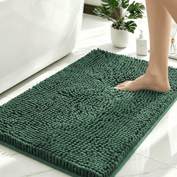 Sortora Chenille Bathroom Rug, Green Fluffy Bath Mat, 1.1" High Pile Bath Rug, Non Slip TPR Backing, Extra Thick Absorbent Bathroom Floor Mat, 16"x24"