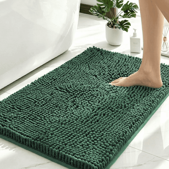 Sortora Chenille Bathroom Rug, Green Fluffy Bath Mat, 1.1" High Pile Bath Rug, Non Slip TPR Backing, Extra Thick Absorbent Bathroom Floor Mat, 24"x36"