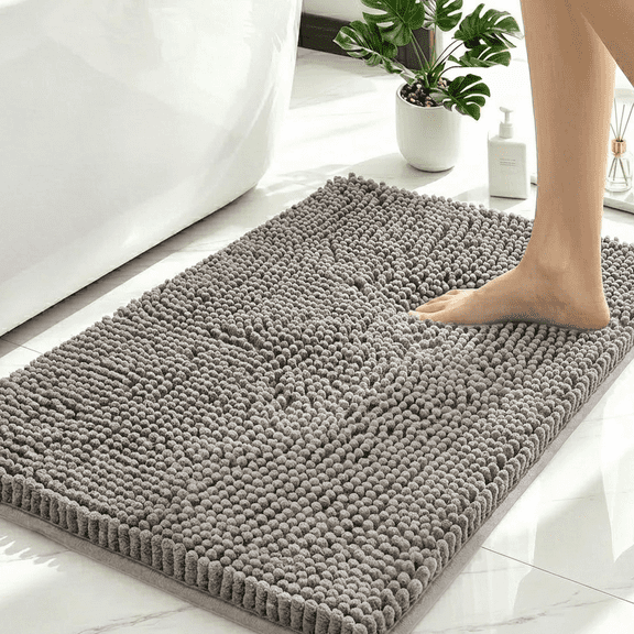 Sortora Chenille Bathroom Rug, Gray Fluffy Bath Mat, 1.1" High Pile, Non Slip TPR Backing, Extra Thick Absorbent Bathroom Floor Mat,24"x47"
