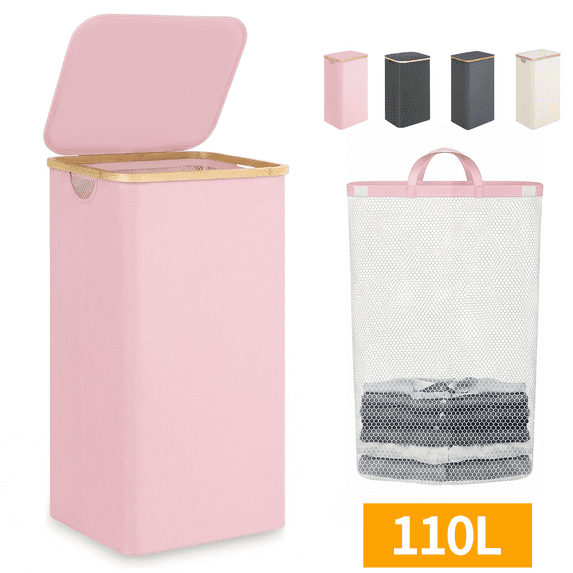 Sortora Laundry Hamper with Lid, 110L Large Laundry Basket with Removable Bag, Collapsible Tall Laundry Bin, Dirty Clothes Hamper for Laundry Room, Bathroom, Bedroom, Dorm, Pink