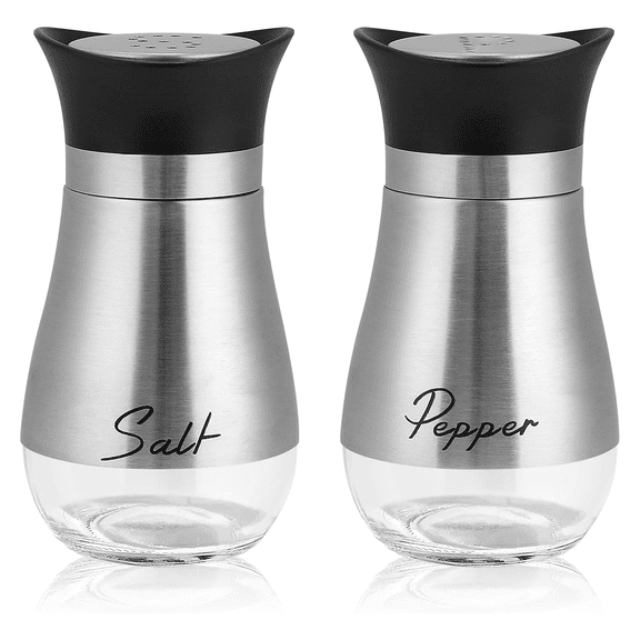Sortora Salt and Pepper Shakers Set, 4 oz Glass Bottom Cute Salt Pepper Shaker with Stainless Steel Lid for Space-Saving Kitchen Gadgets Cooking Table, RV, Camp,BBQ Refillable Design, Silver