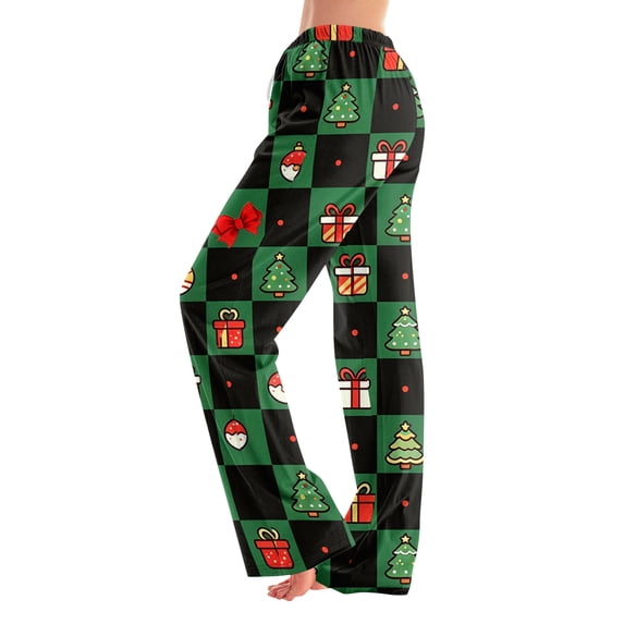 Sorvello Christmas Print Sleep Pants Full Length Elastic Waist Adult Lounge Pajamas Seasonal Wear Black L