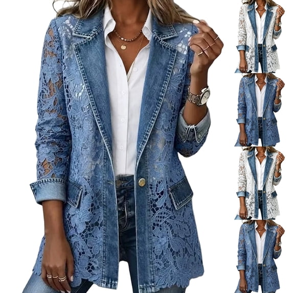 Sorvello Distressed Eyelet Lace Patchwork Denim Jacket for Women Notch Lapel Single Button Front Blazer with Pockets Mid Long Spring Fall Business Casual Light Blue L
