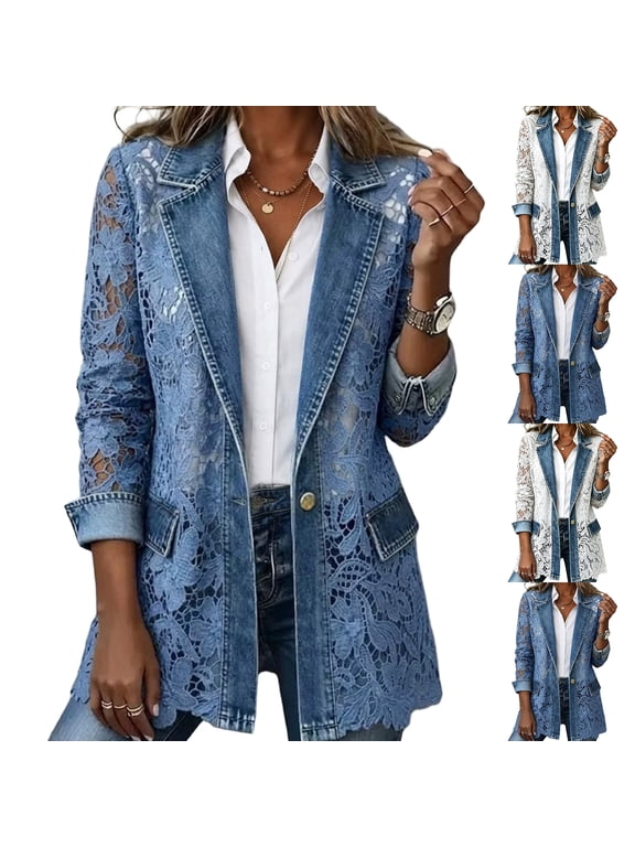 Distressed Eyelet Lace Patchwork Denim Jacket for Women Notch Lapel Single Button Front Blazer with Pockets Mid Long Spring Fall Business Casual Light Blue XL