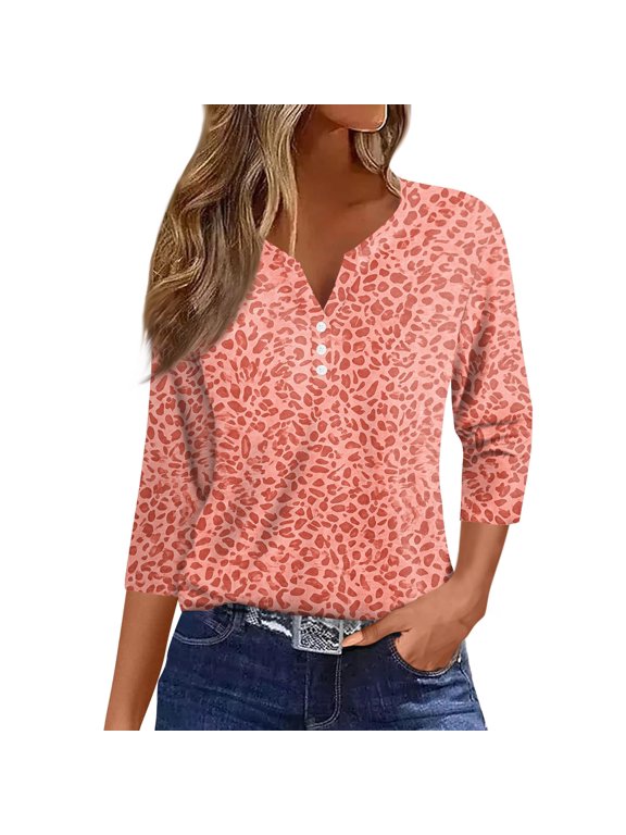 Fall Tops for Women 3/4 Sleeve Button Up Shirts Leopard Print Tunics V Neck Pullover Blouse Pink S