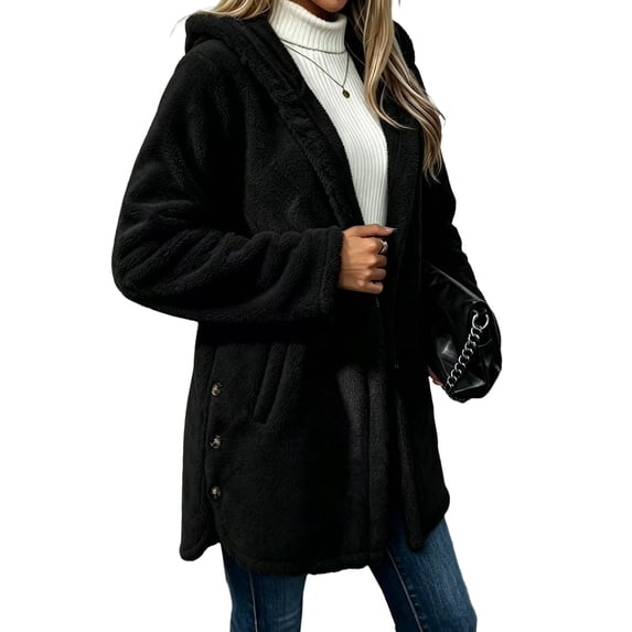Sorvello Fleece Jacket Women Zip Up Jacket with Pockets Oversized Long Faux Sherpa Hoodies Fuzzy Jackets Warm Comfort Winter Coat Black S