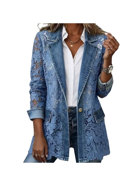 Jean Jacket Women Lace Sheer Denim Jacket for Women Casual Jean Jackets Light Blue M