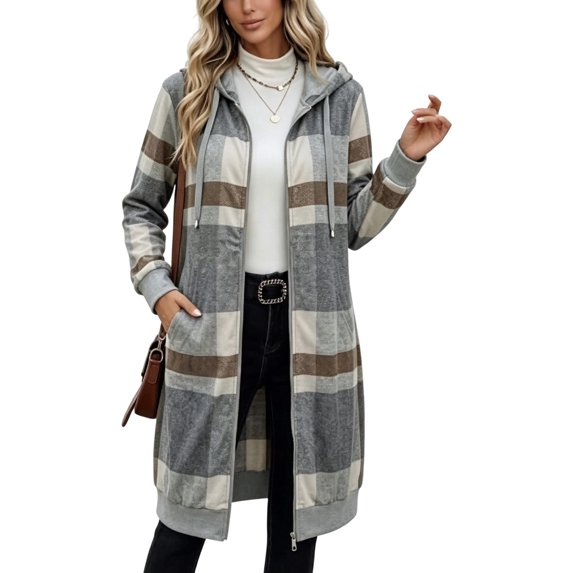 Sorvello Long Flannel Jacket Women Hooded Plaid Coat Oversized Button Down Shacket 2026 Fall Winter Casual Warm Trench Coats Light Gray L