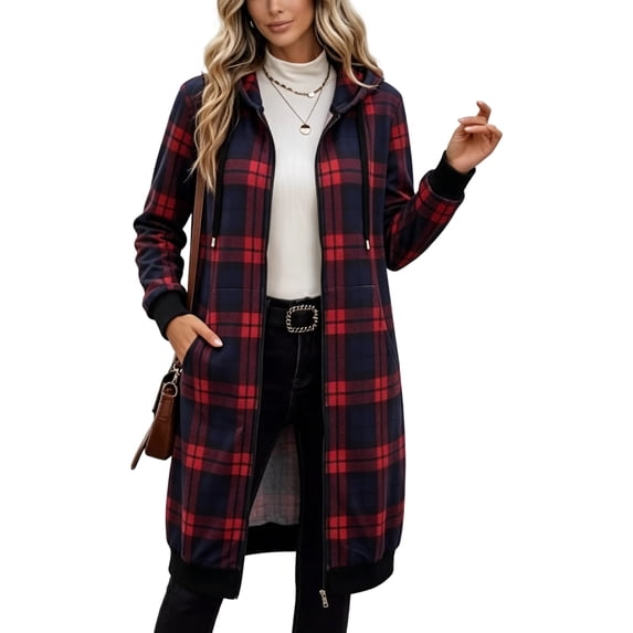 Sorvello Long Flannel Jacket Women Hooded Plaid Coat Oversized Button Down Shacket 2026 Fall Winter Casual Warm Trench Coats Red XL