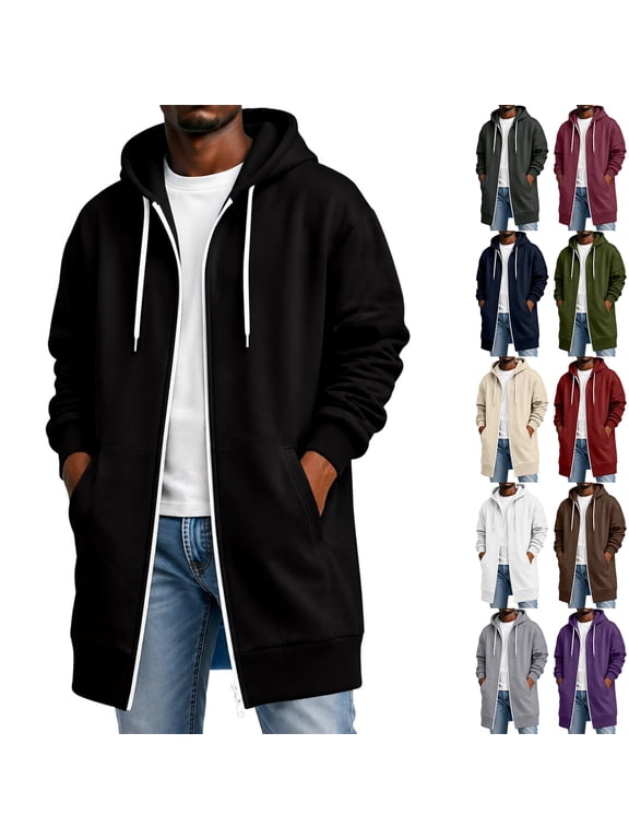 Long Hoodie for Men Plus Size Loose Warm Zip Up Fleece Jacket long Sleeve Knee Length, Full Zip Bomber Jacket with Pockets, Winter Coat for Men Beige XXXL