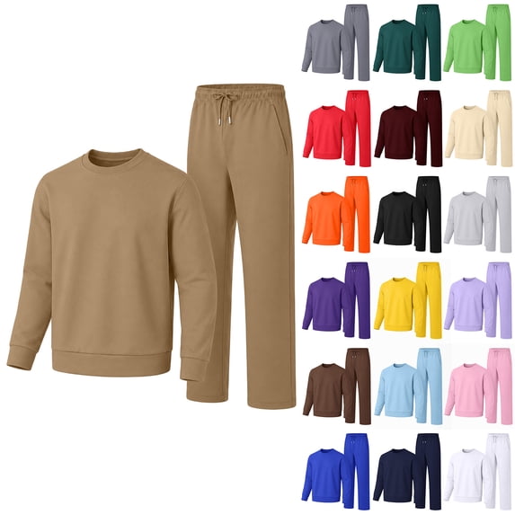 Sorvello Men's 2 Piece Crew Neck Sweatsuit Set Loose Straight Leg Sweatpants Long Sleeve Casual Athletic Outfit Soft Daily Tracksuit Khaki XXL