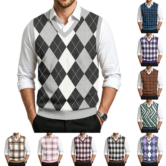Sorvello Men's Argyle Knit Sweater Vest V Neck Sleeveless Pullover Classic Vintage Business Casual Fall Winter Layering for Men Khaki M