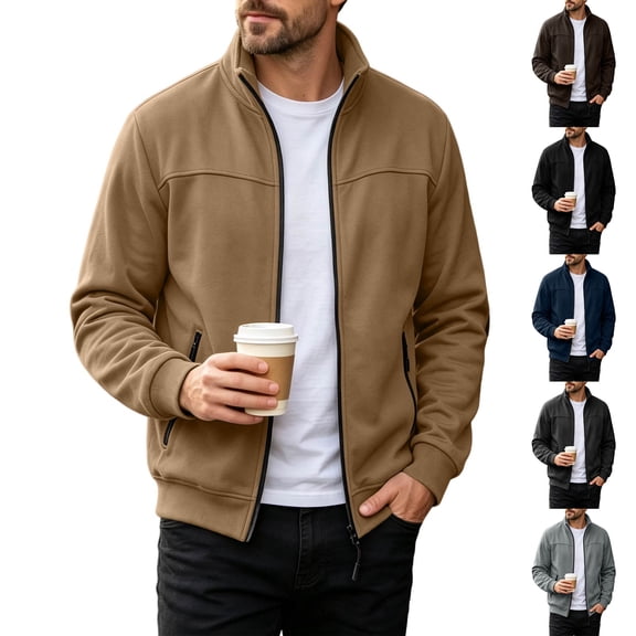 Sorvello Men's Brushed Fabric Full Zip Stand Collar Cardigan Jacket Loose Fit Long Sleeve Casual Fall Winter Outerwear with Pockets Light Gray L