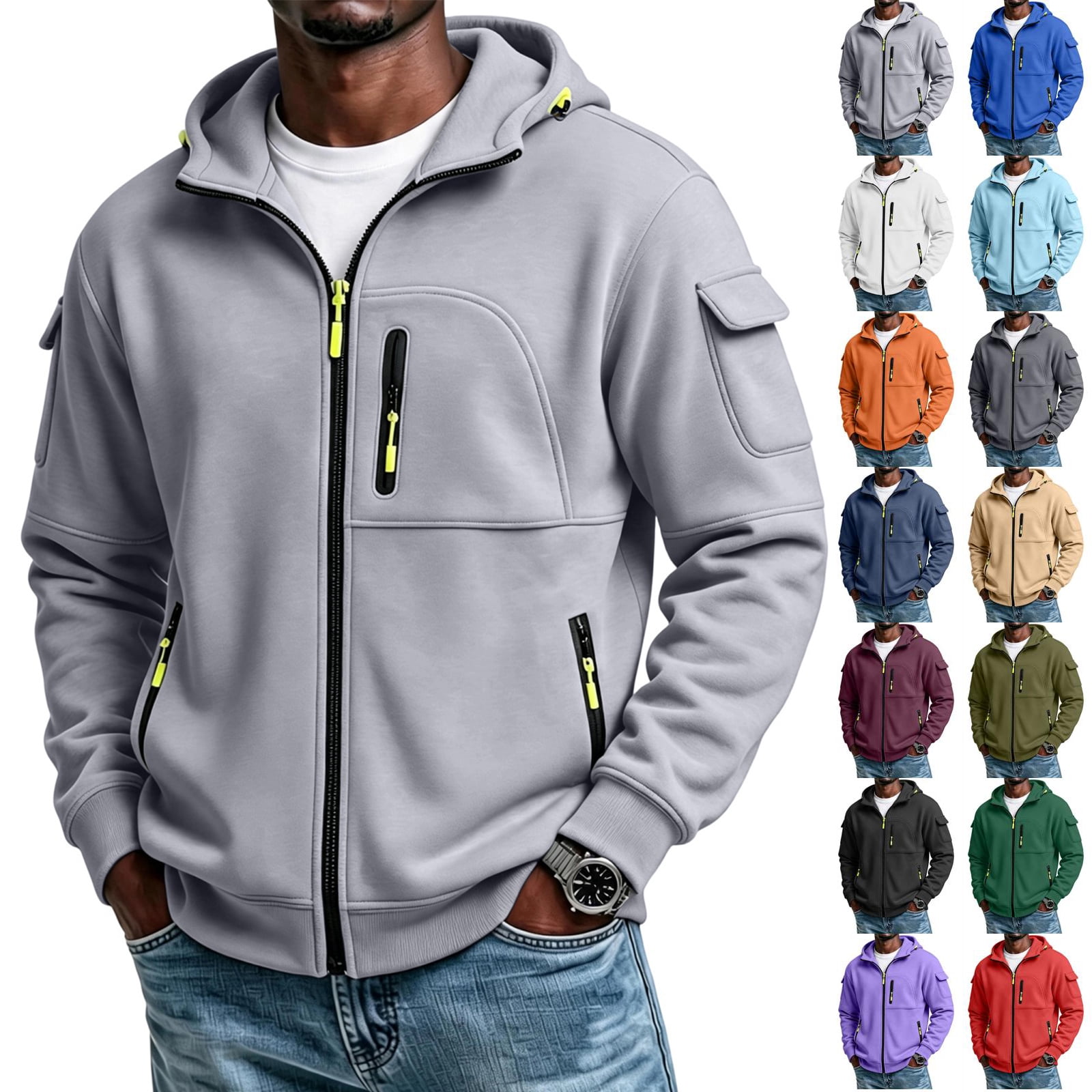 Work By Spring Formula Sorvello Men's Cargo Zip Up Hoodie Jacket With 5 Pockets Stand Collar ...