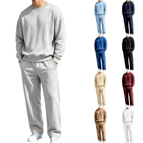 Sorvello Men's Casual Fleece Lined Tracksuit Crew Neck Sweatshirt and Wide Straight Leg Pants 2 Piece Outfit Soft Breathable Polyester Clothing Loose Fit Light Blue XXXL