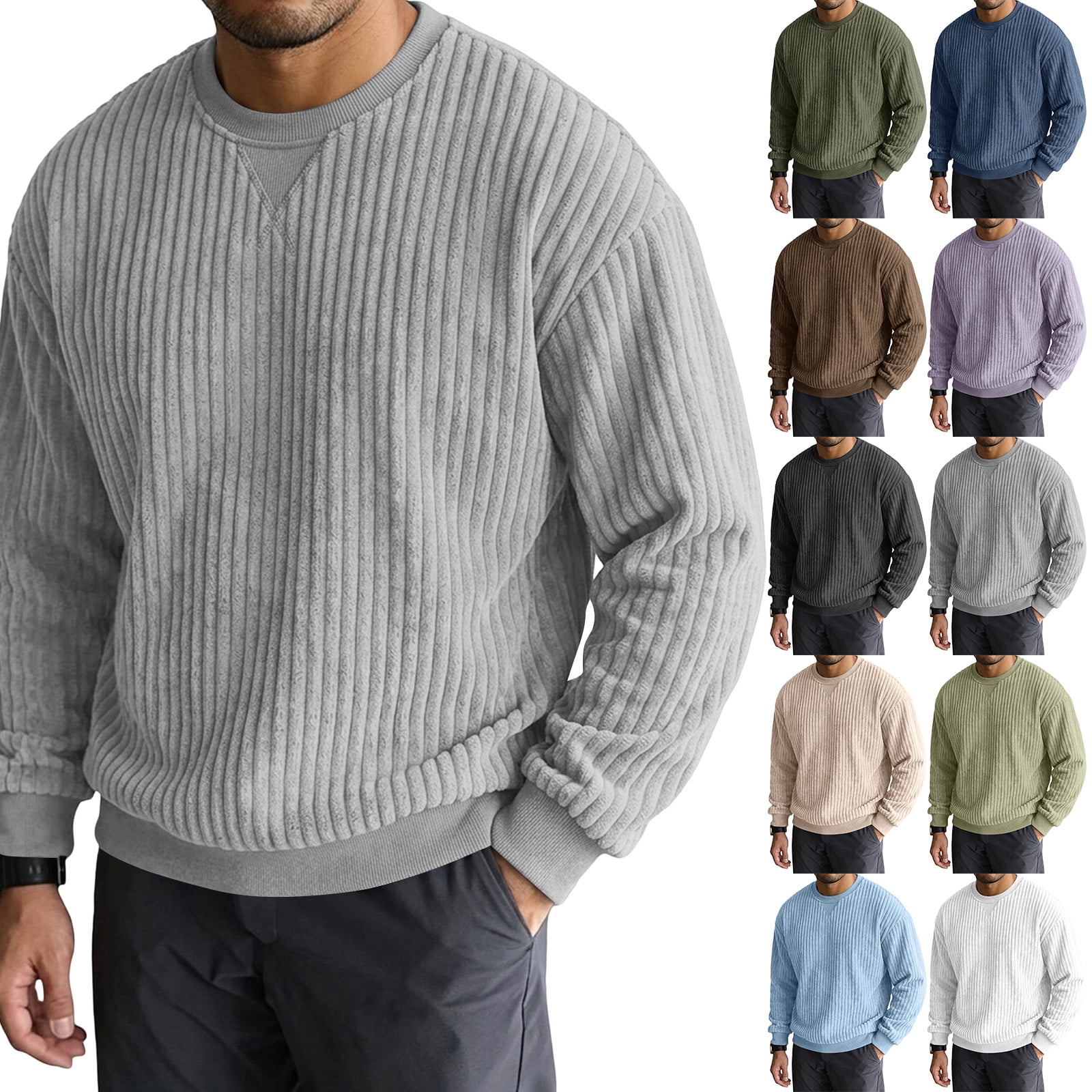 Sorvello Men's Corduroy Crew Neck Long Sleeve Pullover Shirt Loose Fit ...