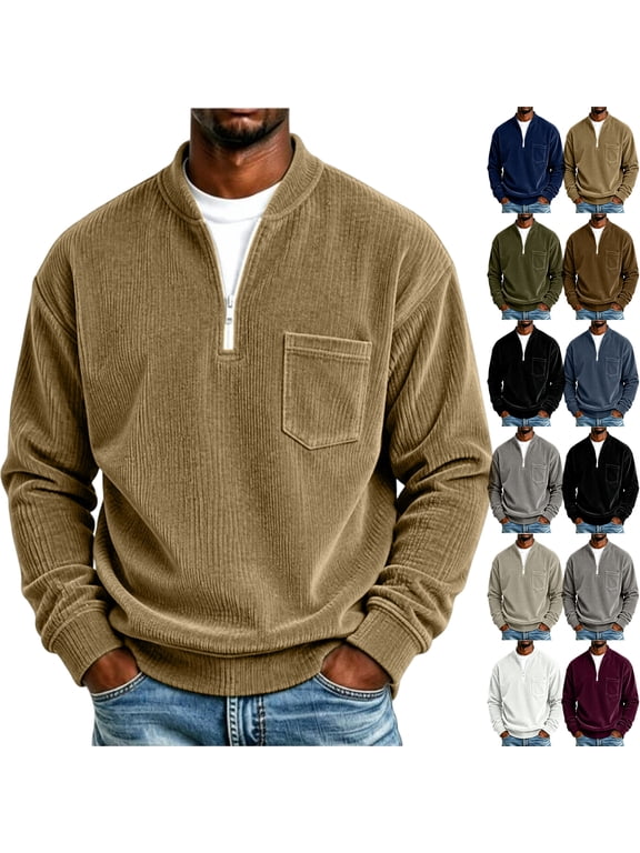 Men's Corduroy Loose Fit Quarter Zip Pullover Sweatshirt With Chest Pocket Mock Neck Big and Tall Casual Fall Winter Streetwear Top Black L