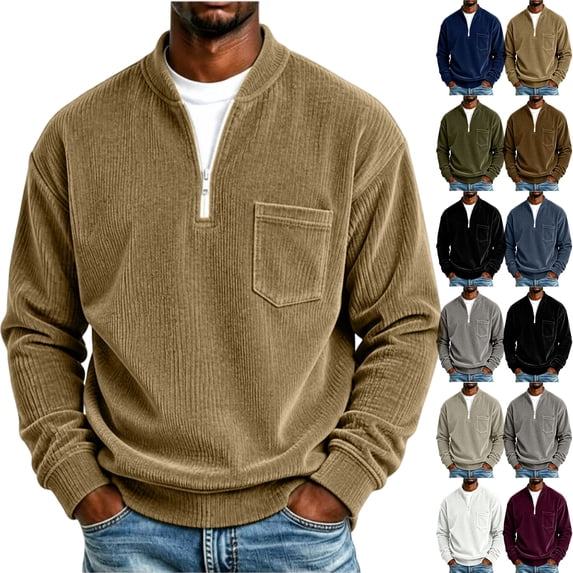 Sorvello Men's Corduroy Loose Fit Quarter Zip Pullover Sweatshirt With Chest Pocket Mock Neck Big and Tall Casual Fall Winter Streetwear Top Brown L