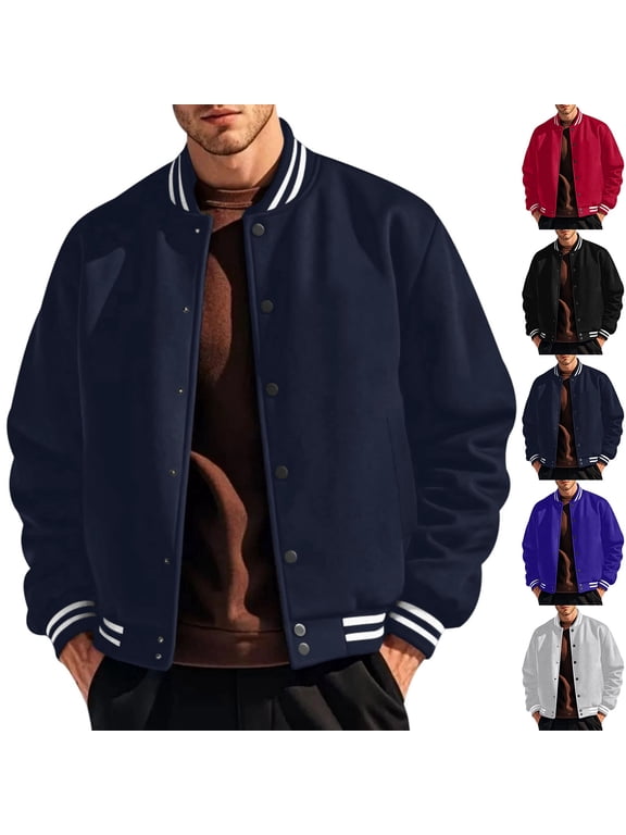 Men's Cotton Blend Varsity Bomber Jacket Ribbed Stand Collar Button Down Two Pockets Fall Winter Spring Casual Outerwear for Men Royal Blue L