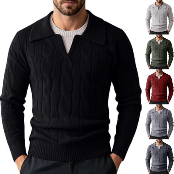 Sorvello Men's Fake Two Piece V Neck Cable Knit Sweater Long Sleeve Casual Fall Winter Pullover Top Layering Loungewear Blue L
